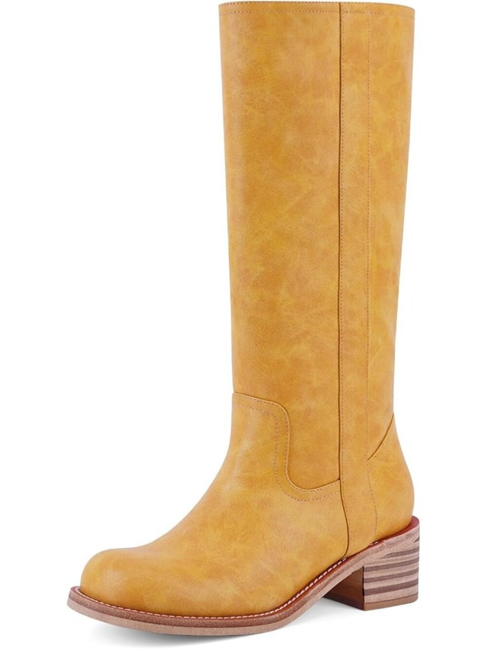 Women's Yellow Low Heel Square Toe Solid Chunky Block Heel Long Knee High Boot